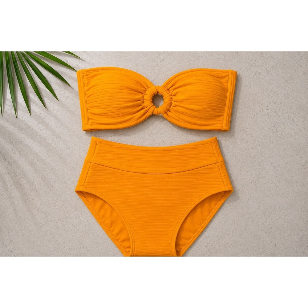 Montce Swim Kim O-Ring Bandeau Bikini Top & High Waisted Bottoms Set Orange L